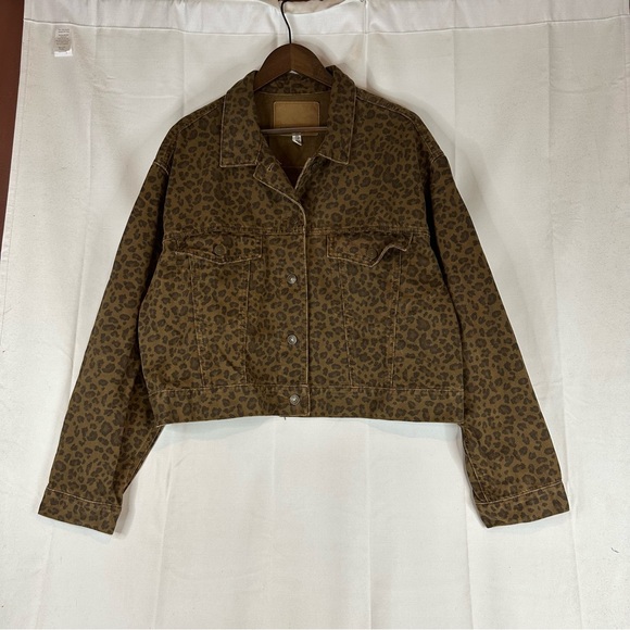 AMERICAN EAGLE Women’s Size XXL Denim Jean Jacket Coat Leopard Print Trucker - Picture 2 of 16